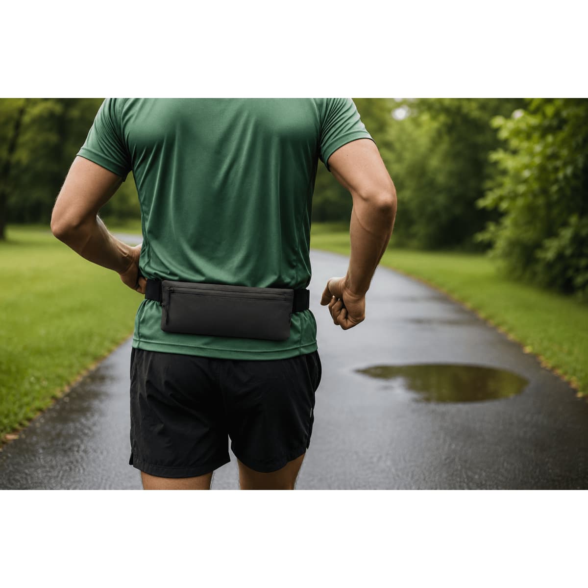 A man in a green shirt and black shorts stands on a path, wearing a black waist pack. Lush greenery surrounds him.