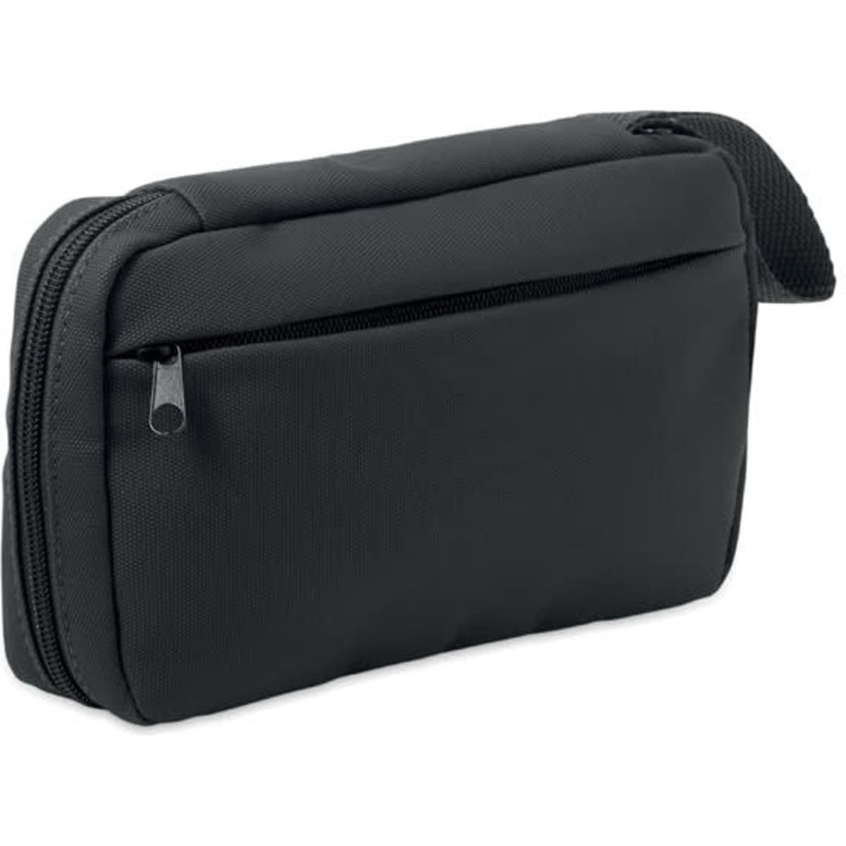 A black zippered pouch with a front pocket and a side handle. It features a simple, sleek design.