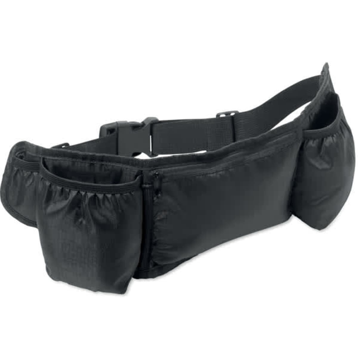 A black waist belt featuring multiple pouches and compartments with an adjustable buckle.