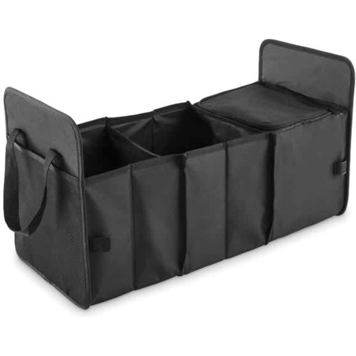 A black organiser with multiple compartments and handles for easy carrying. Ideal for storage and organisation.