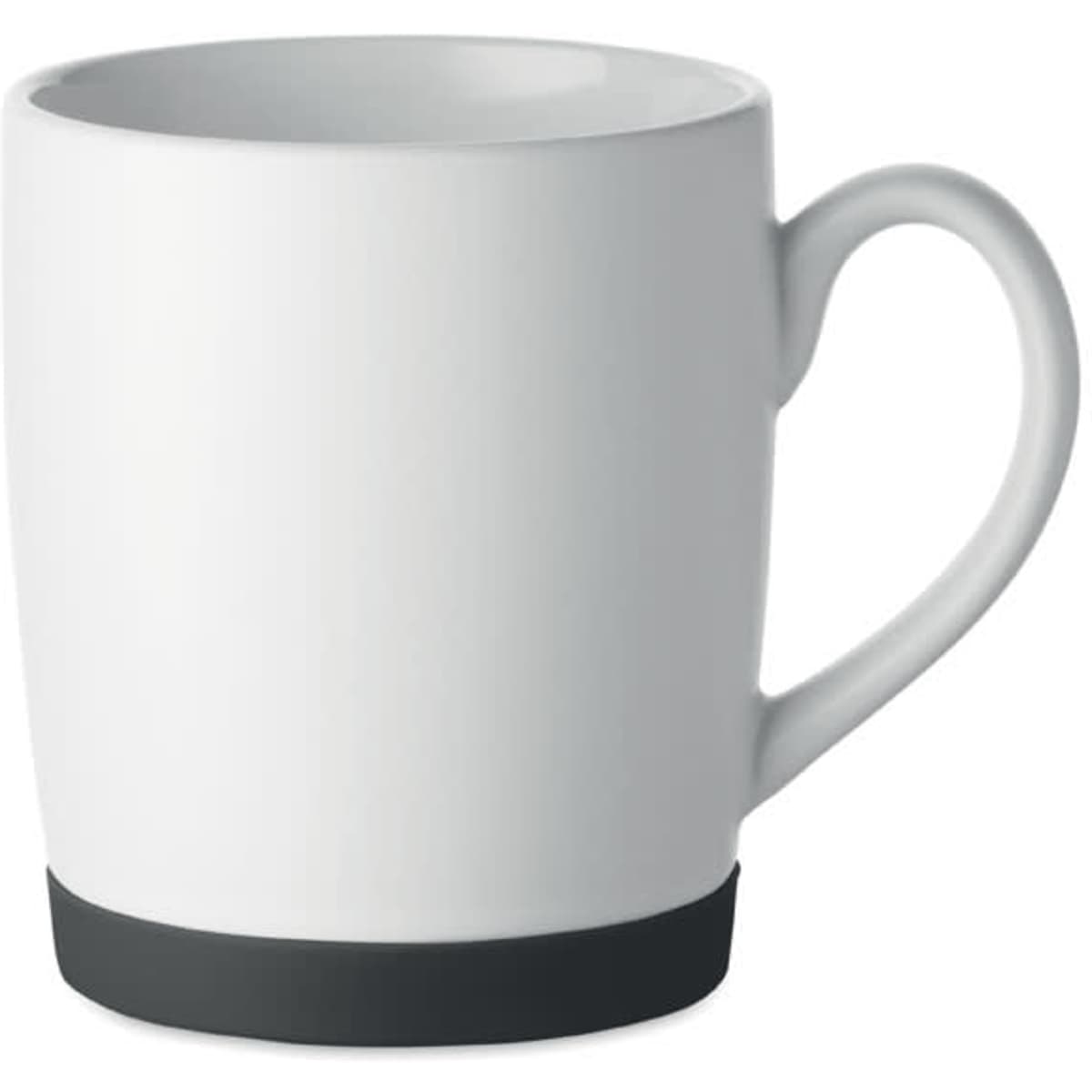 A drink bottle featuring a white body with a black base and a simple, ergonomic handle.