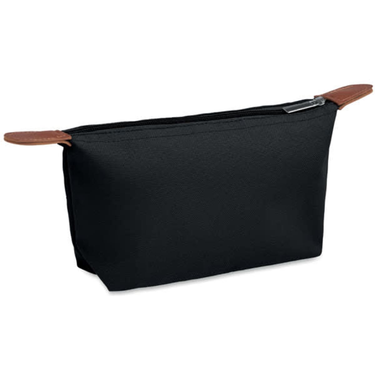 A black toiletry bag with tan leather accents and a zip closure, featuring a spacious interior.