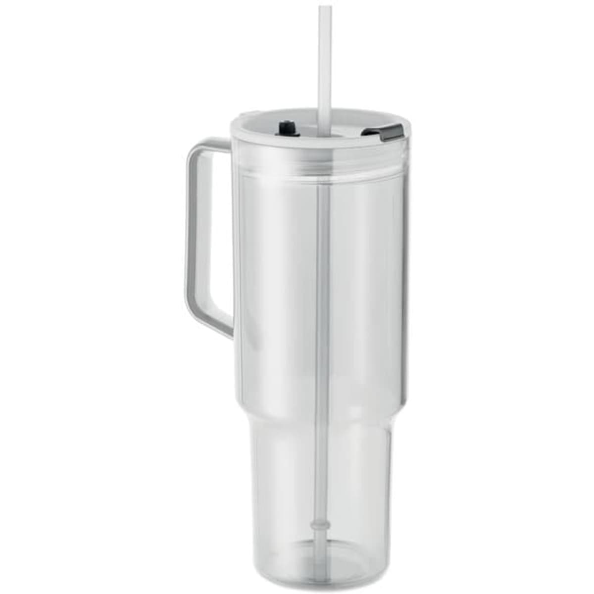 A clear drink bottle with a straw and handle, featuring a lid and a tapered base. It has a branding logo.