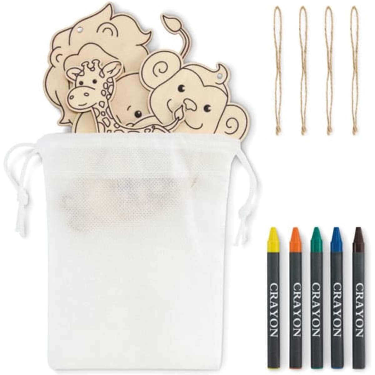 A drawstring bag containing wooden animal shapes and five colourful crayons for creative activities.