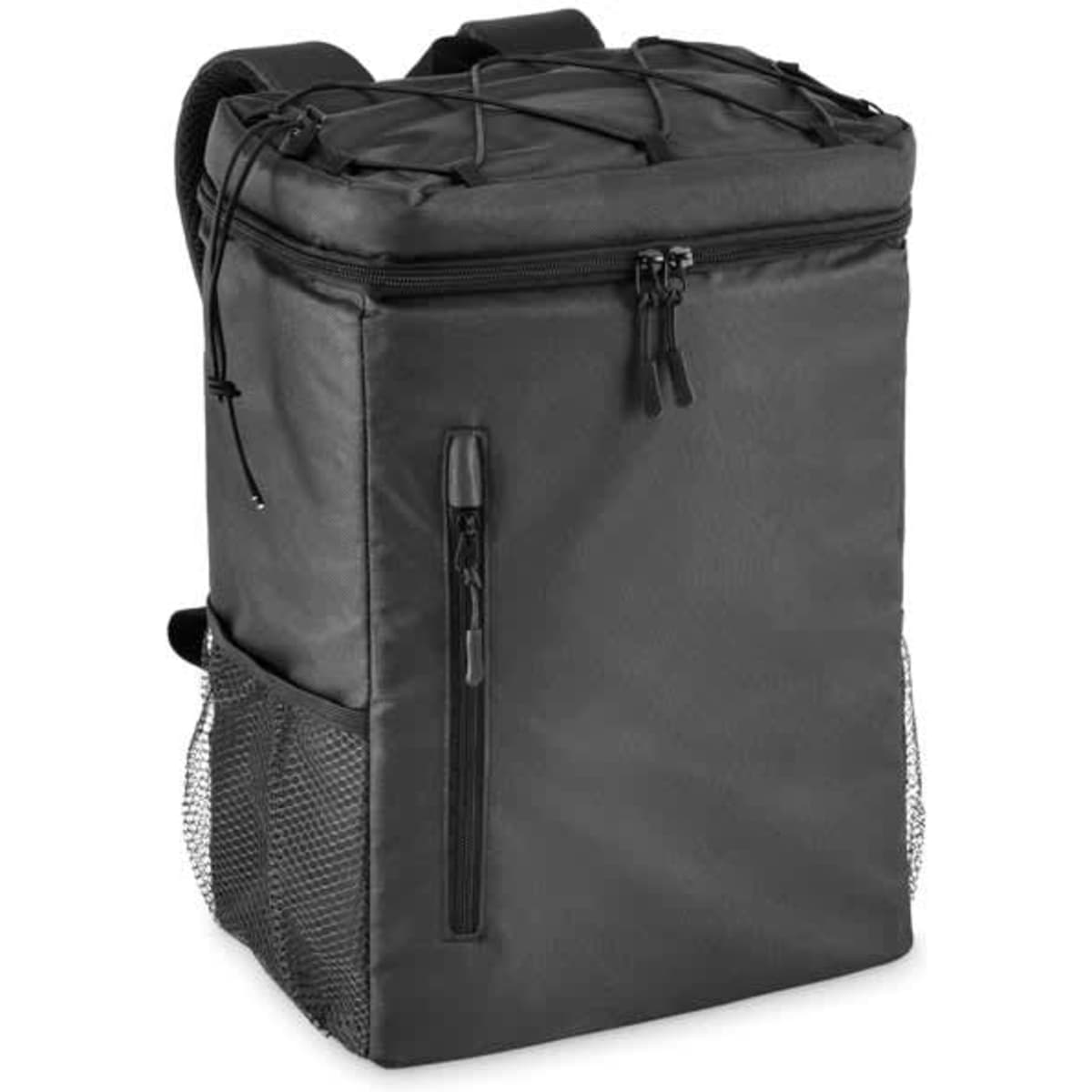 A black insulated backpack cooler with a zippered compartment and mesh side pockets. It has adjustable shoulder straps.