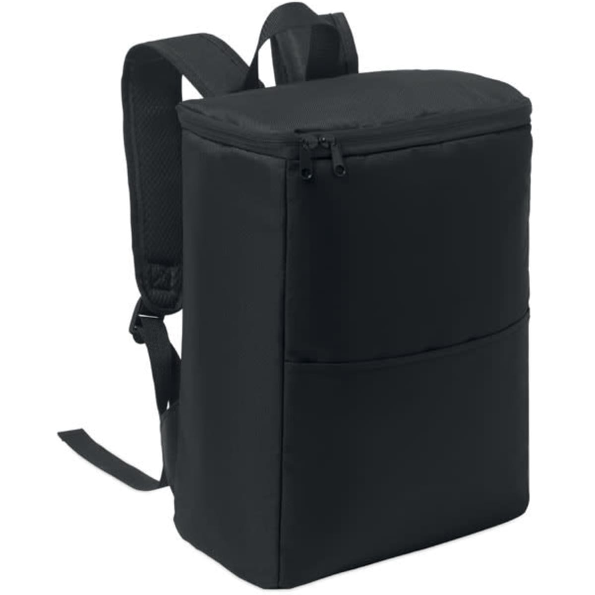 A black insulated backpack with adjustable straps and a zippered front pocket. Features a sleek and minimalist design.