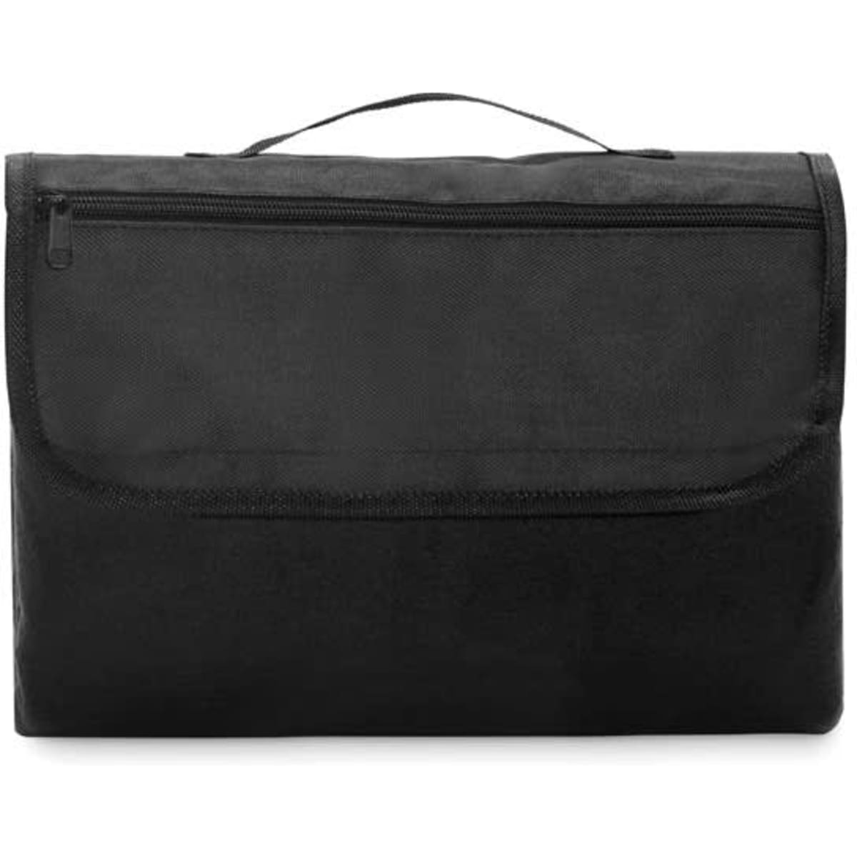 A black zippered bag with a flap and handle, featuring one front pocket and a simple design.