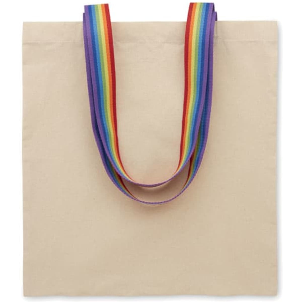 A tote bag in a neutral beige tone with rainbow-striped handles. It features a simple, spacious design.