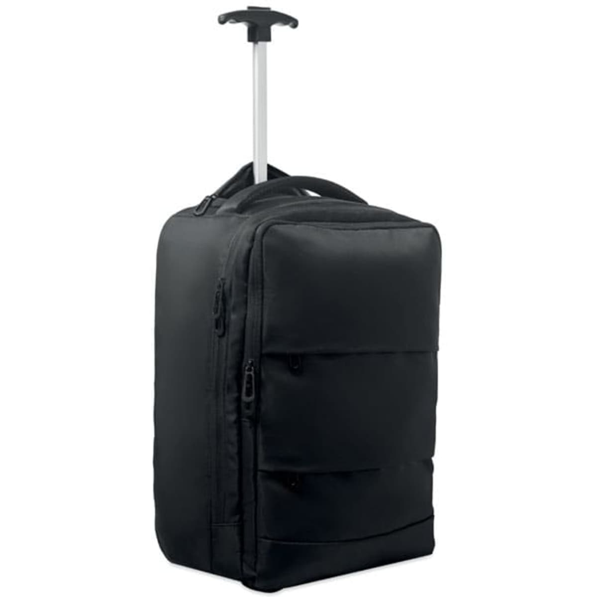 A black rolling suitcase with a telescopic handle and multiple compartments. It has a sleek, simple design.