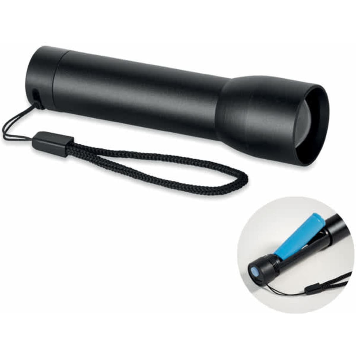 A black flashlight with a lanyard, featuring a blue accent near the base.