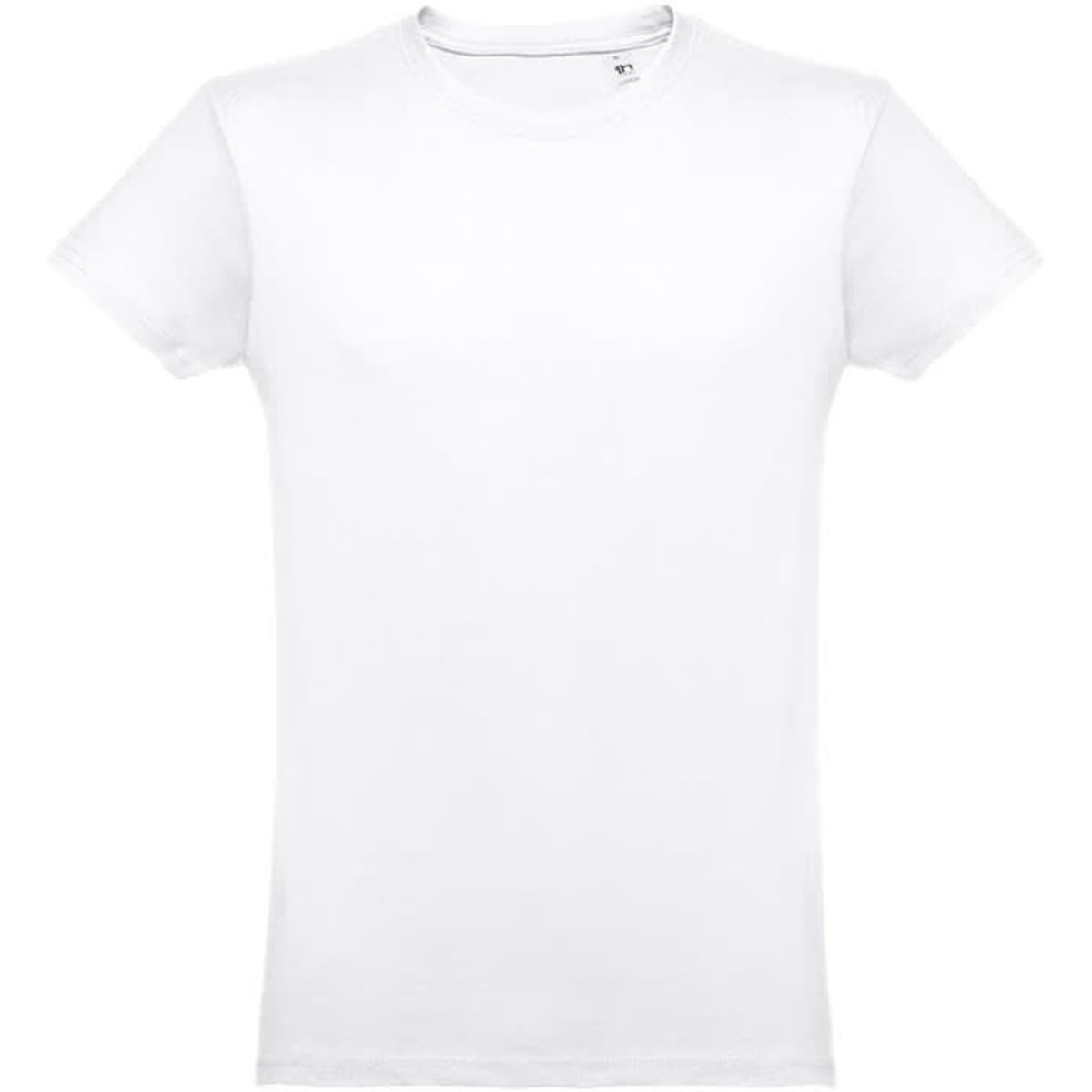 A white men's tubular cotton T-shirt featuring a simple design and a logo.
