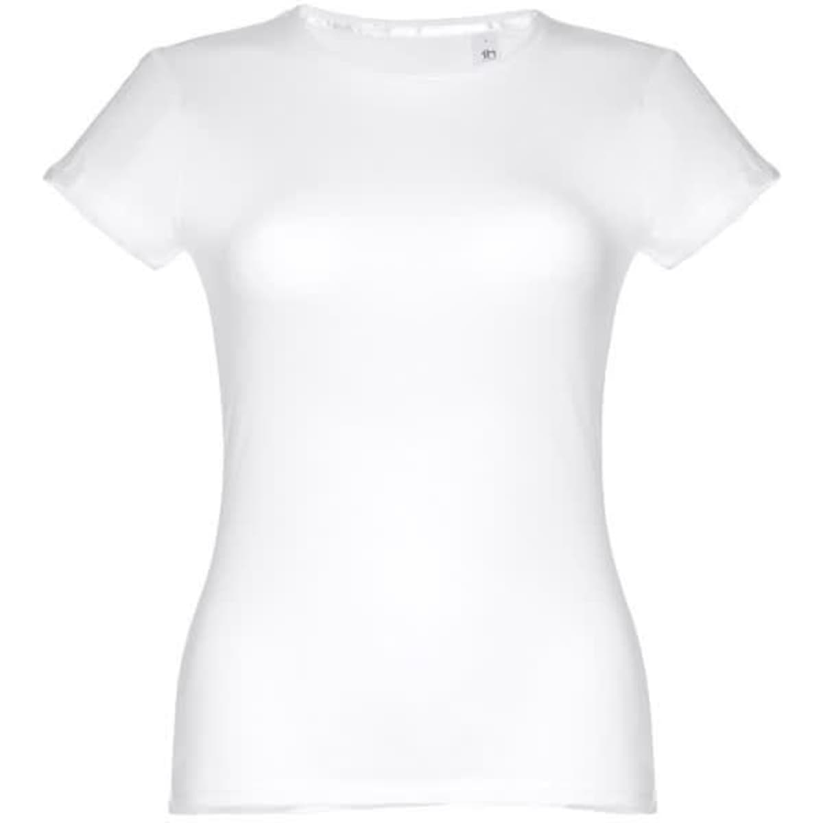 A women's fitted short sleeve T-shirt in white, made of cotton, featuring a logo.