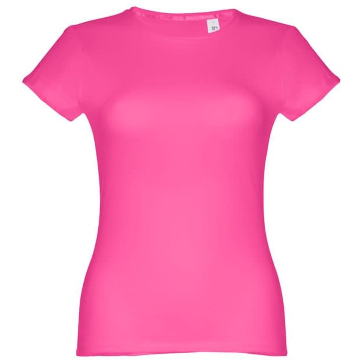 A fitted short sleeve T-shirt in bright pink, made from cotton. It features a logo on the label.