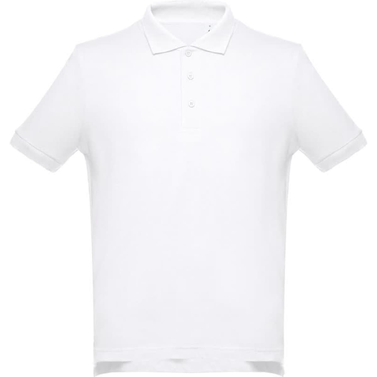 A men's short-sleeved cotton piqué polo shirt in white, featuring a collar and button placket. It has a logo.