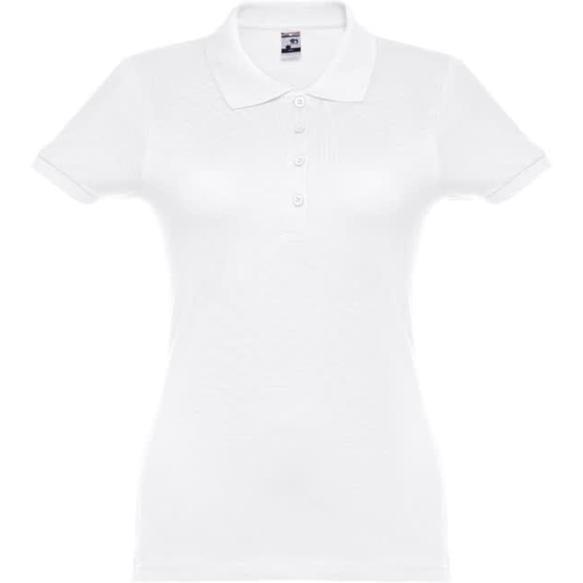 A white short-sleeved fitted polo for women, made from 100% cotton, featuring a logo on the chest.