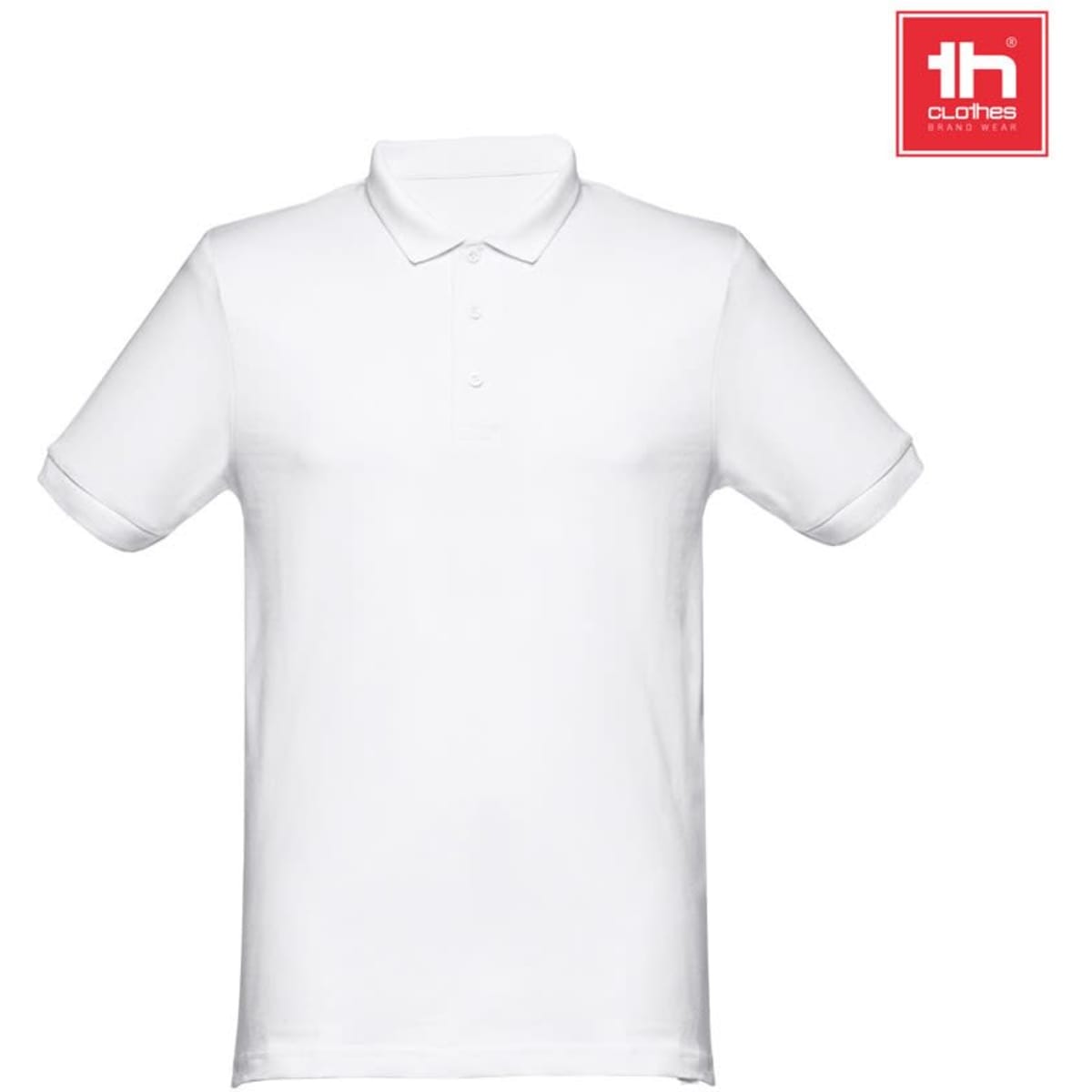 A white men's short-sleeved piqué polo shirt made from 100% cotton, featuring a logo.