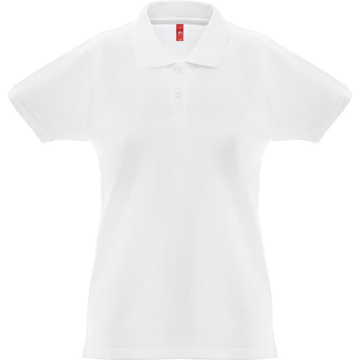 A white women's short-sleeved polo shirt in carded cotton with a logo on the left side.
