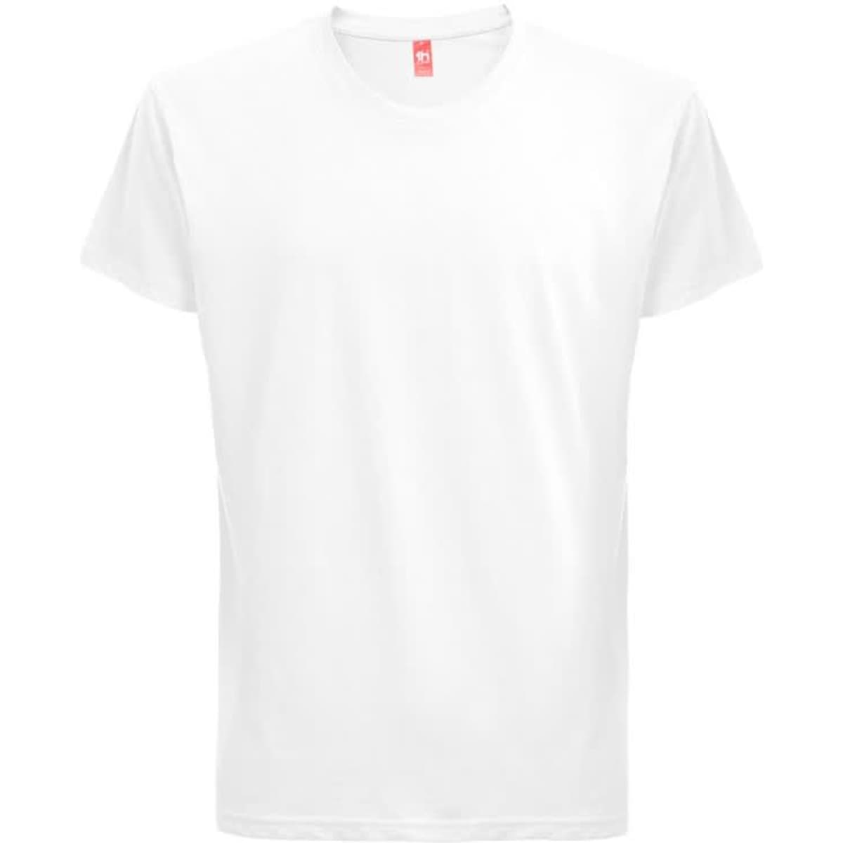 A plain white T-shirt made from 100% cotton, featuring a logo on the tag.