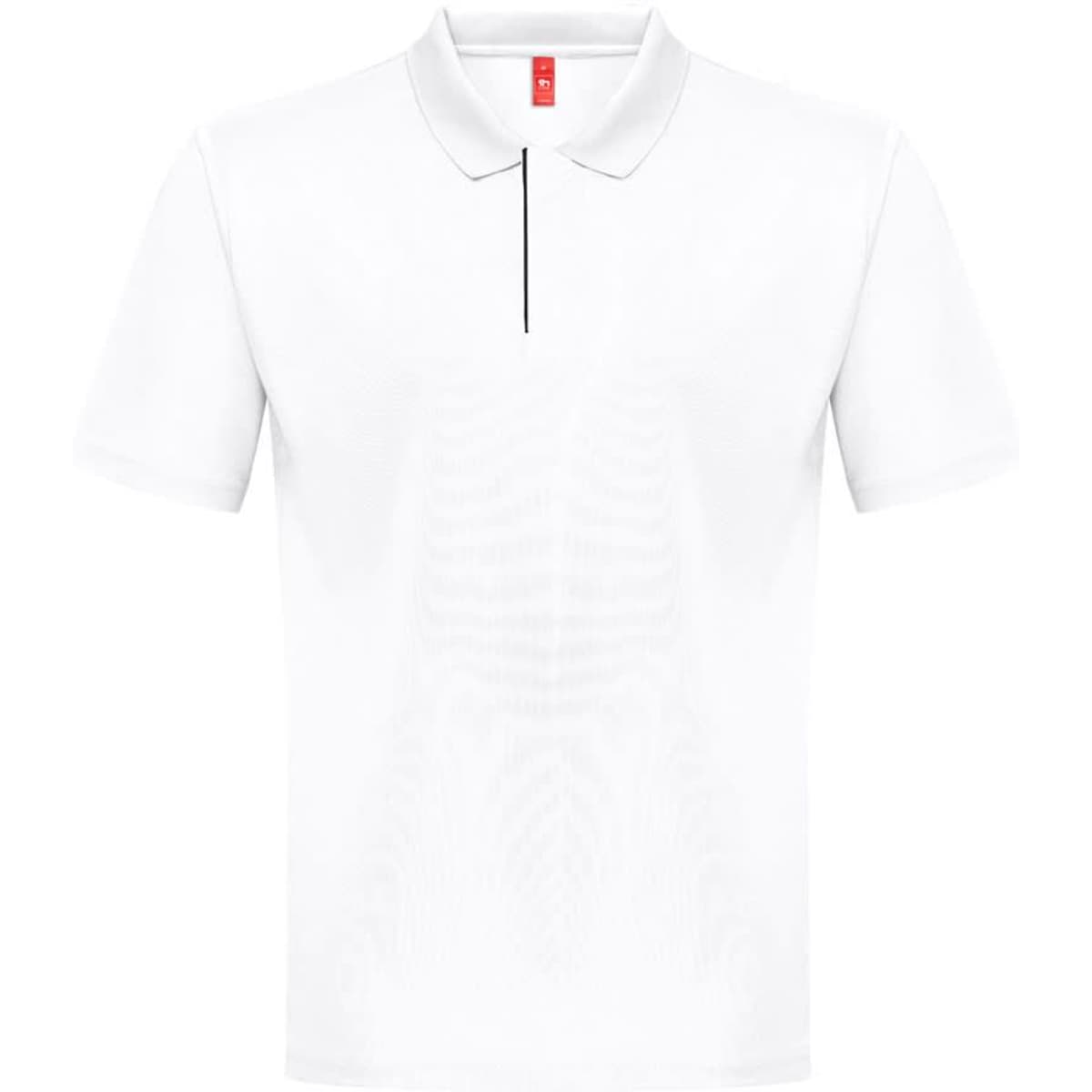 A men's technical polo shirt in white, featuring a simple design and a branding logo.