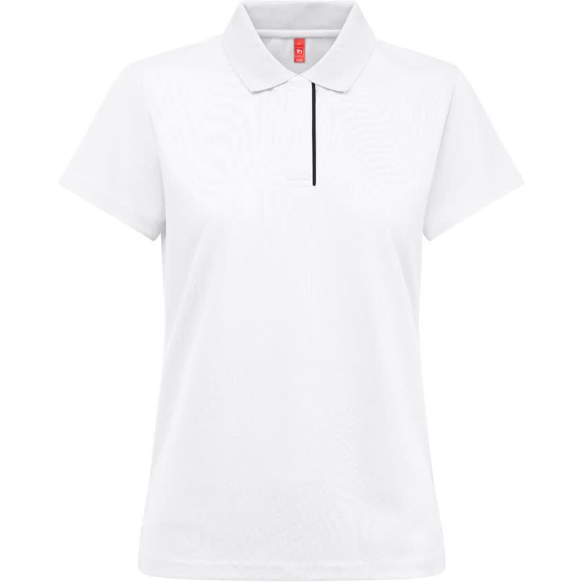 A women's technical polo in white with a black accent, featuring a collar and short sleeves. It has a logo.
