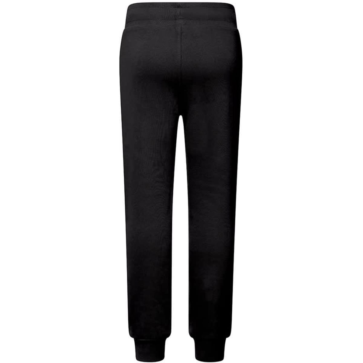 Black children's tracksuit pants with a fitted cuff at the ankles and an elastic waistband, featuring a logo.
