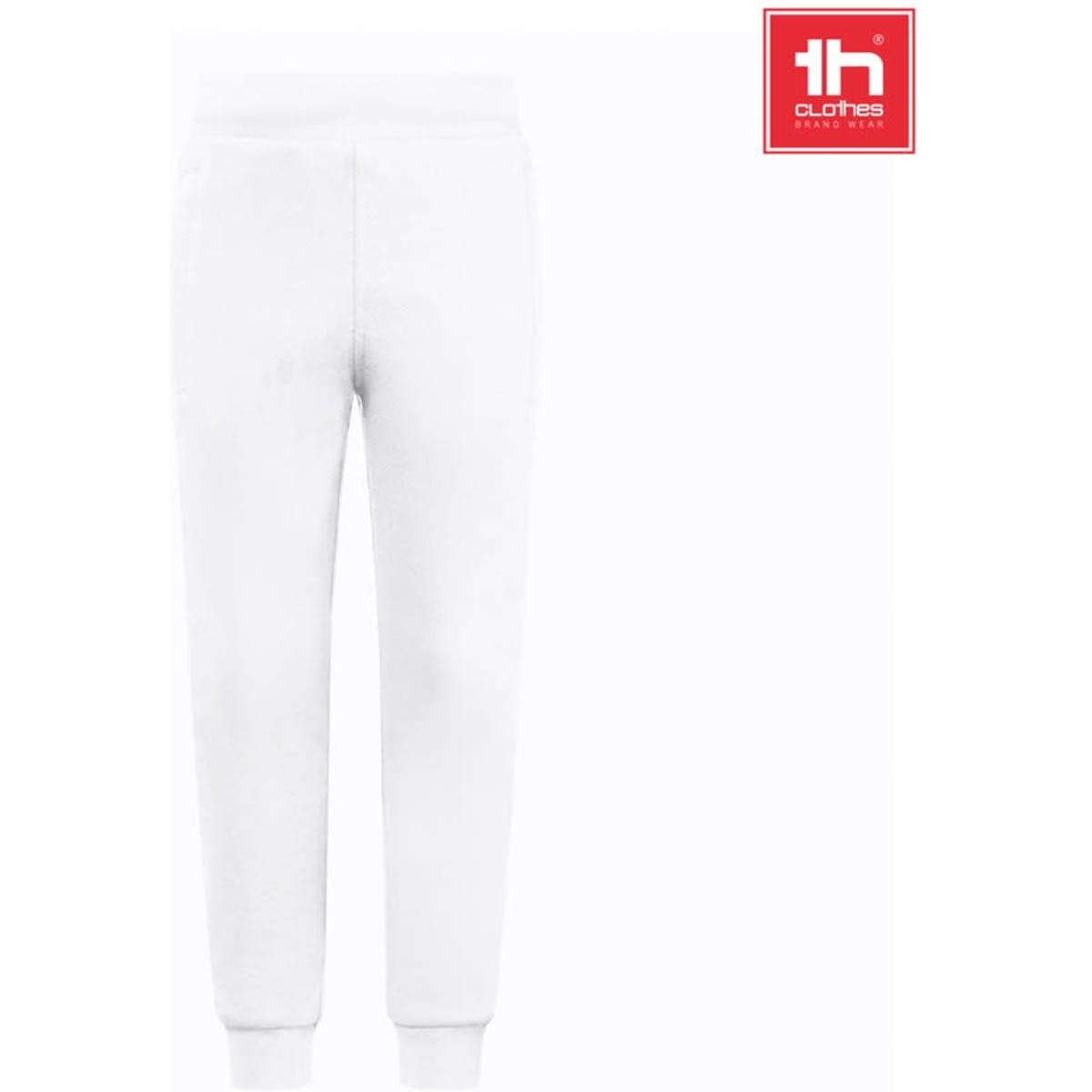 White children's tracksuit pants with fitted cuffs and a logo in the corner.