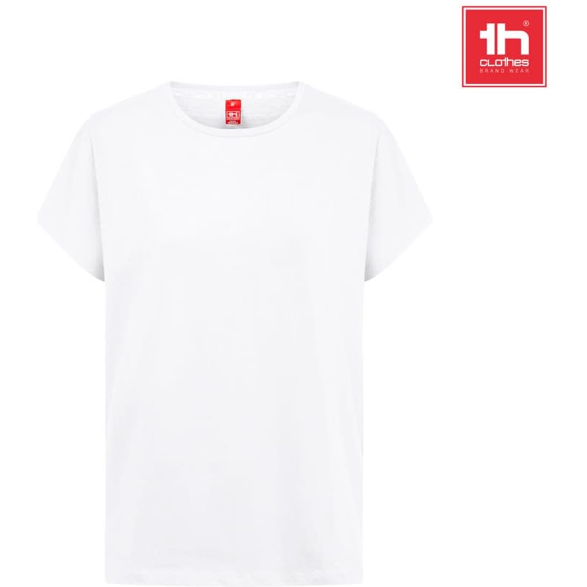 A white regular cut T-shirt for women with a logo on the upper right corner.