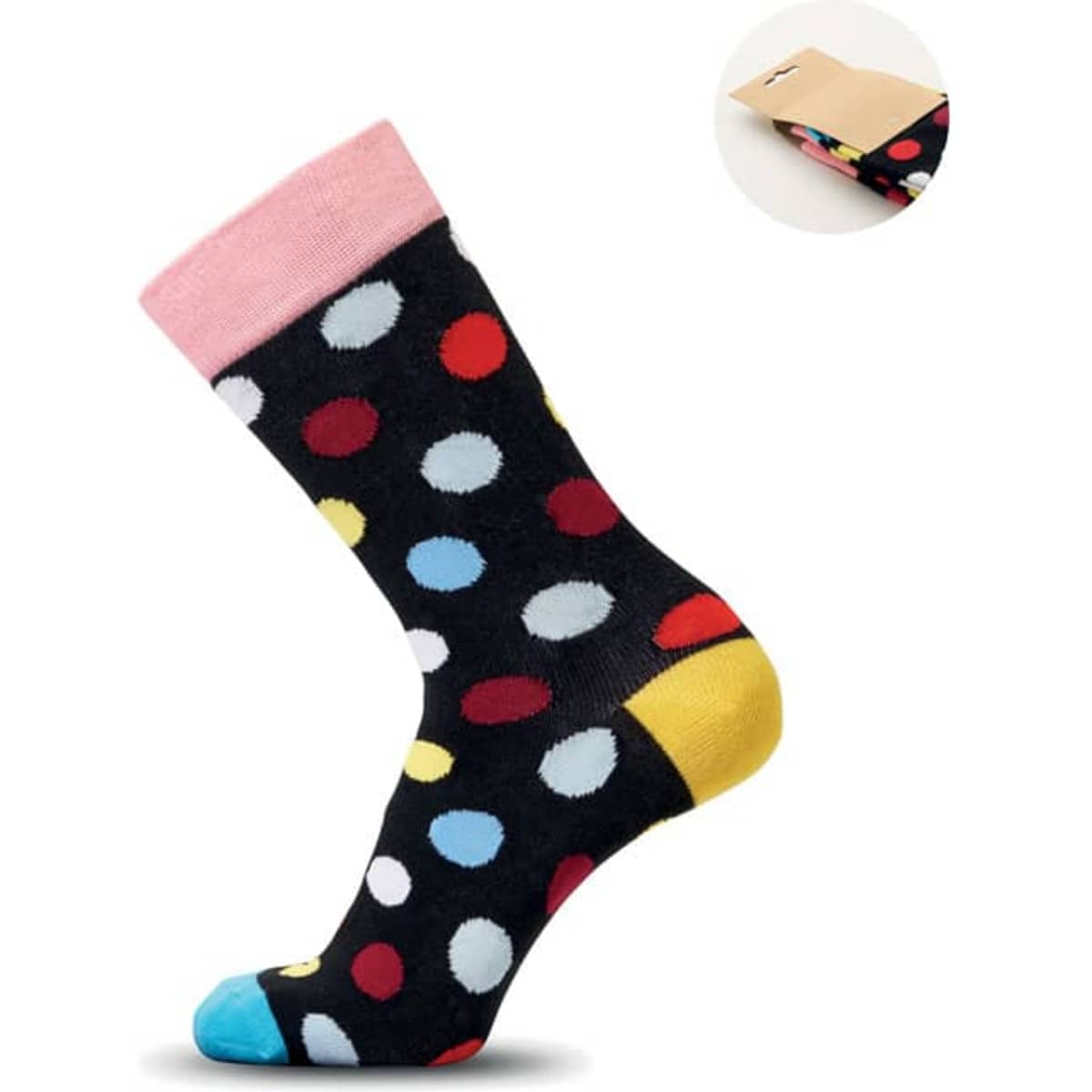 A sock with a black background and multicoloured polka dots, featuring pink, yellow, and blue accents.