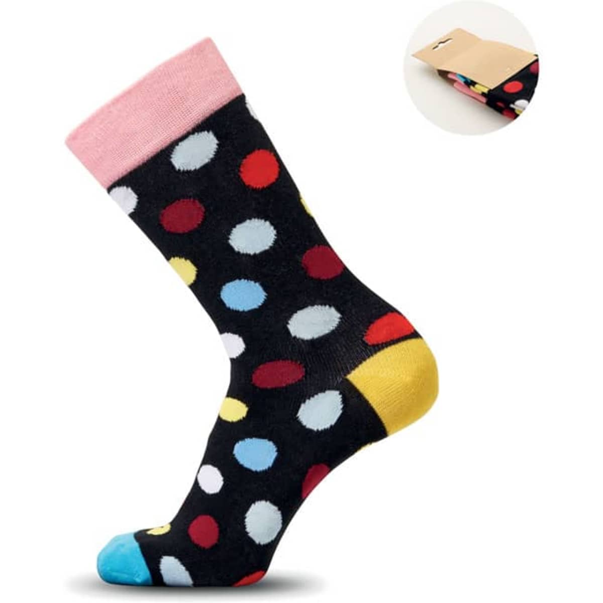 A sock with a black background featuring colourful polka dots in red, blue, pink, yellow, and white. It has a pink cuff and a yellow toe.