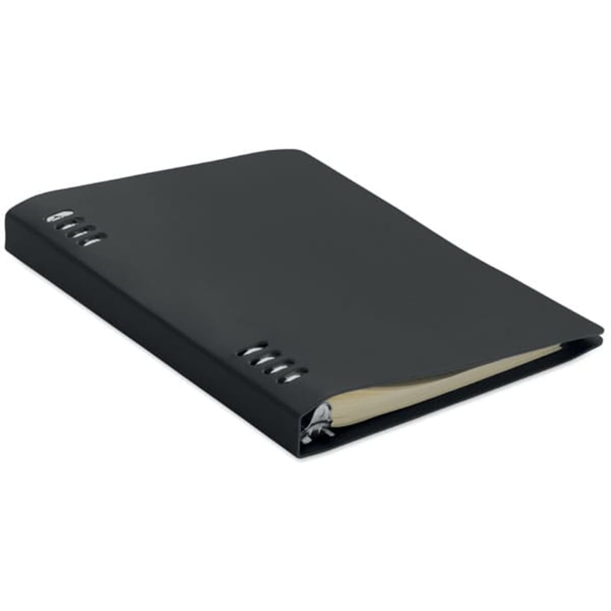 A black binder with metal rings and a few visible pages inside. The cover is smooth and features ventilation holes.