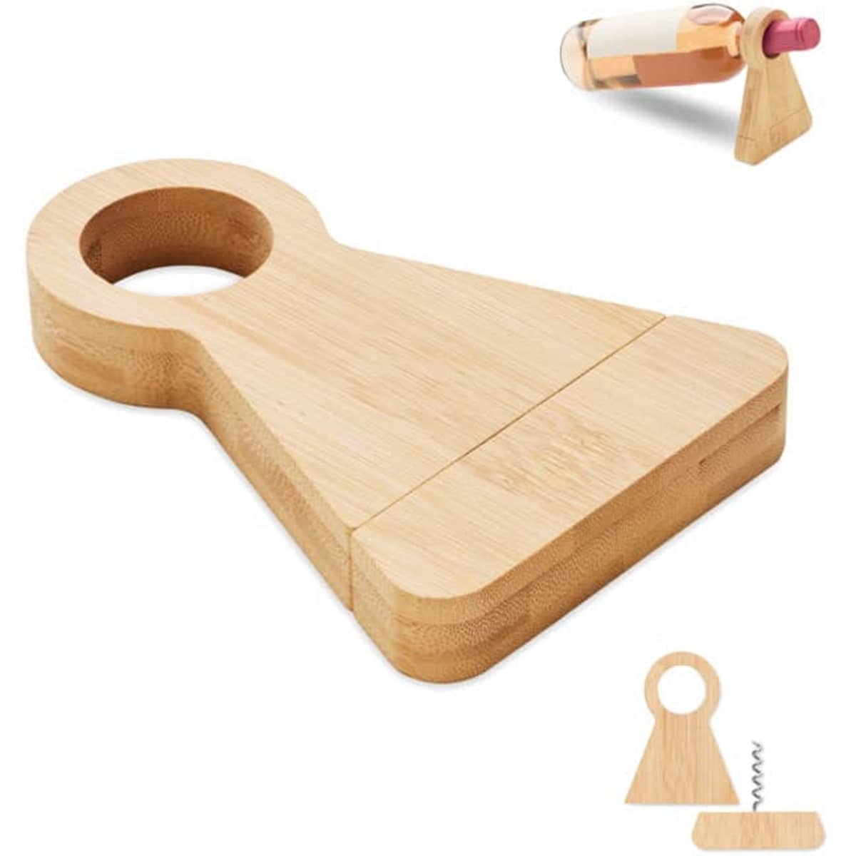 A bamboo bottle holder with a circular cutout and triangular base, featuring a corkscrew and a bottle of wine in the background.