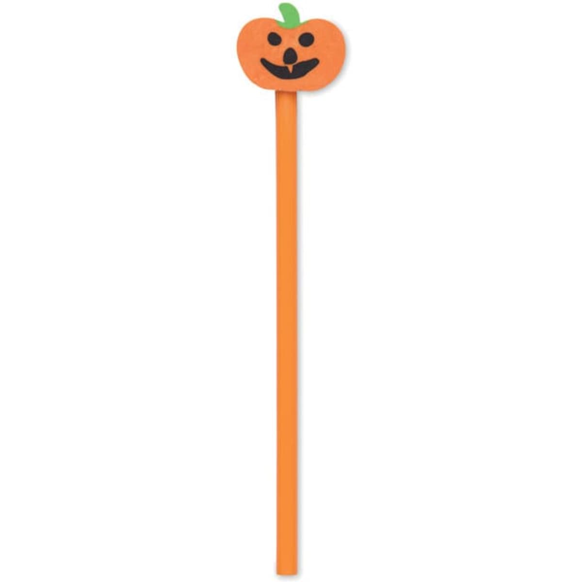 An orange pen shaped like a pumpkin with a smiling face and a green leaf on top. Features a logo.