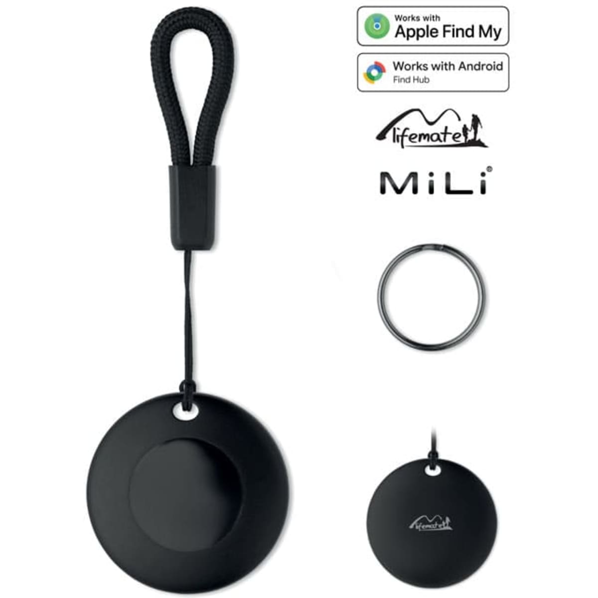 A black tracking device with a loop for attachment and a keyring, featuring a logo.