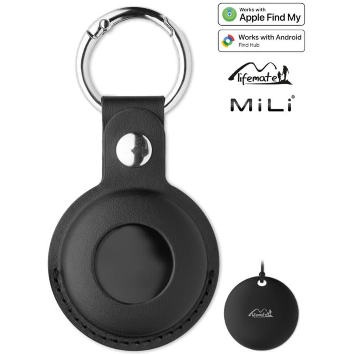 A black keychain tracker in a round PU case with a metal ring. It has a branding logo on the side.