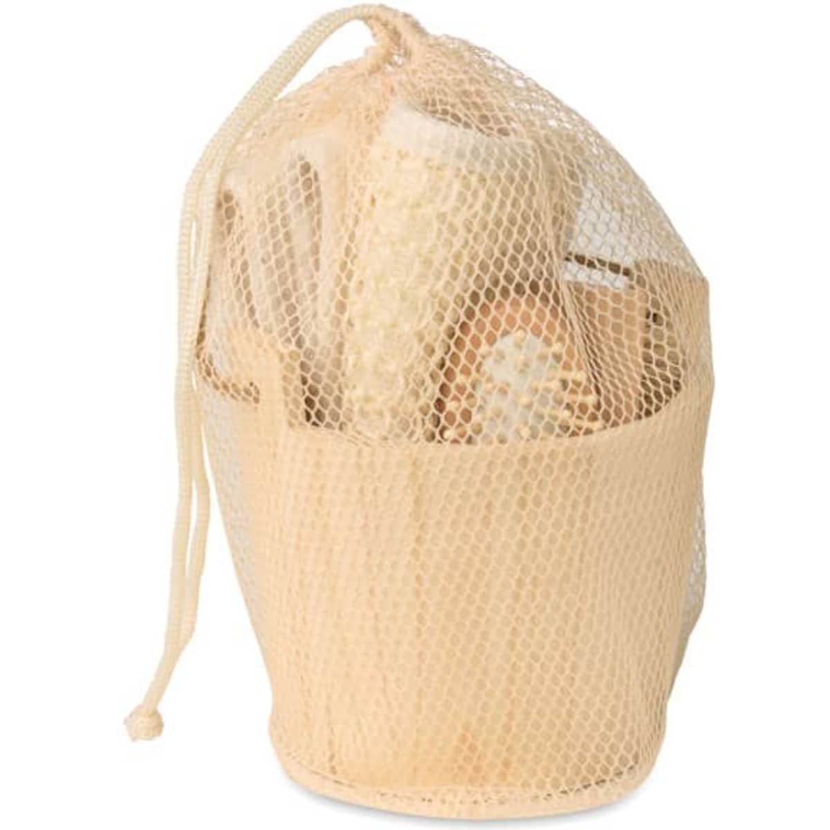 A natural mesh bag containing various self-care products, featuring wood and cream-coloured items.
