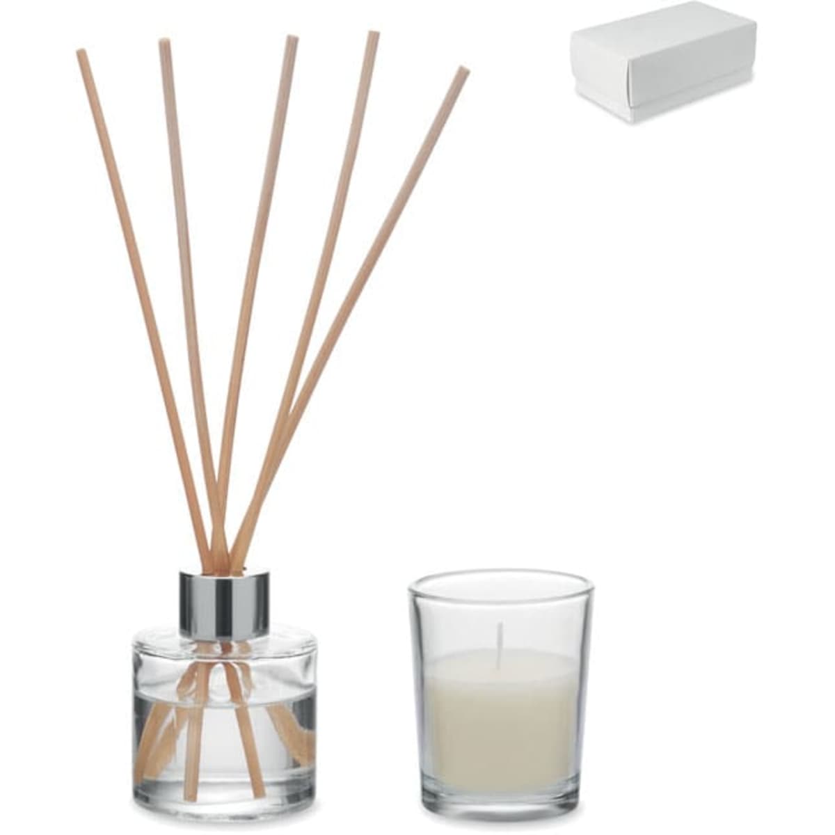 A reed diffuser with five wooden sticks, a glass candle, and a white box. The diffuser has a clear base and silver top.