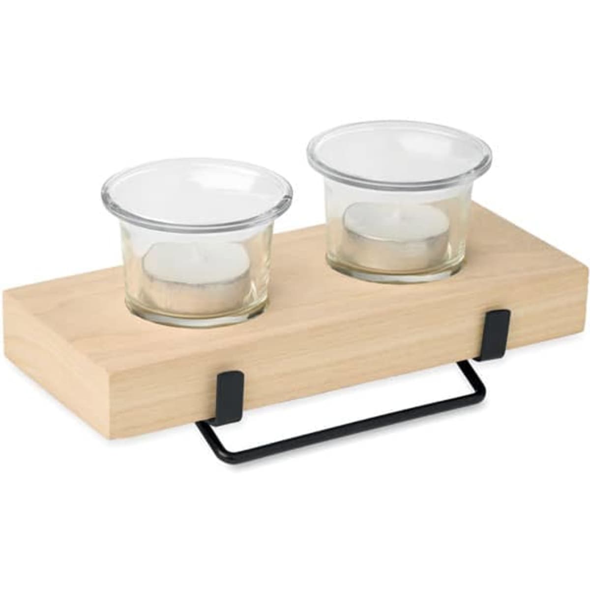 A wooden tray with two glass candle holders and a black metal handle.