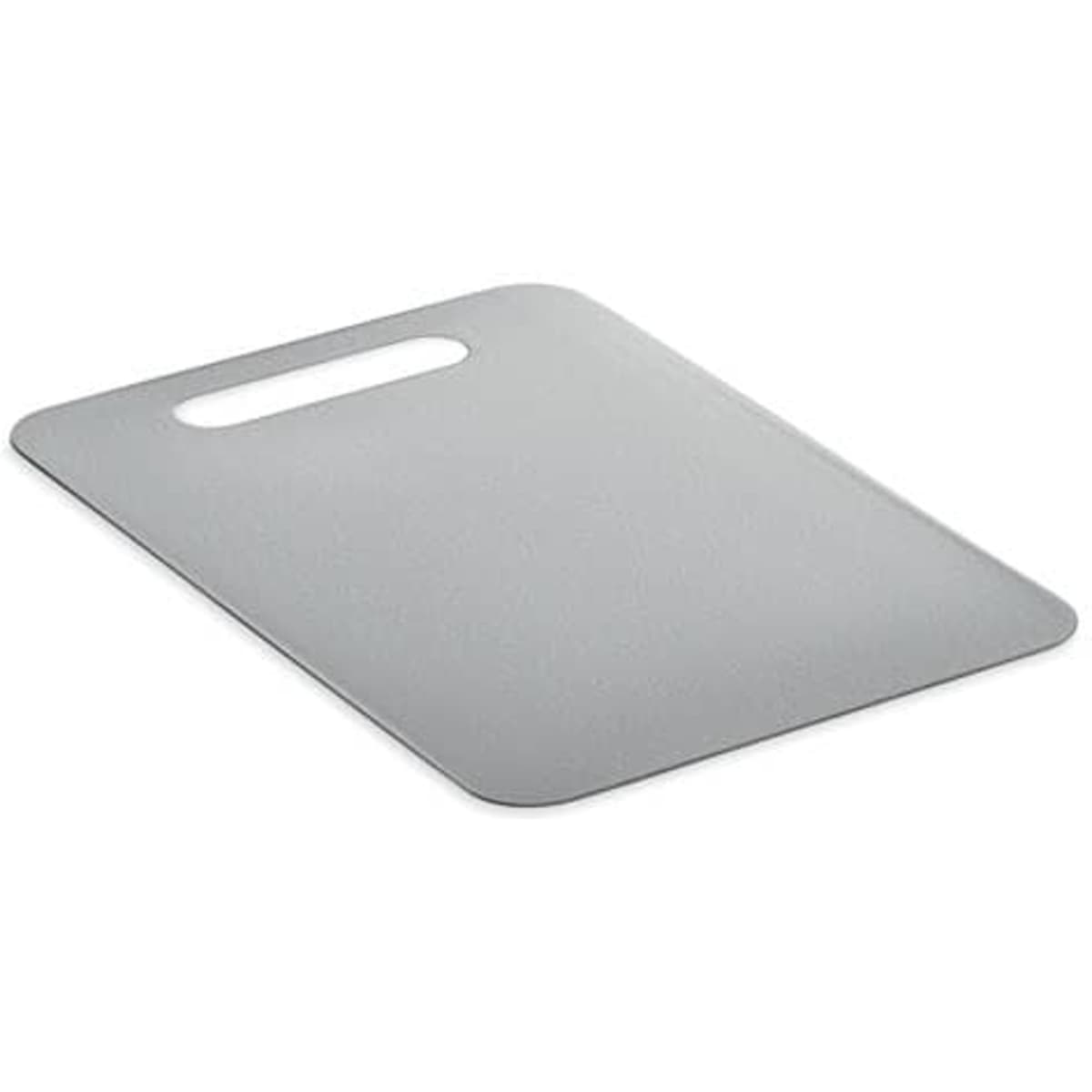 A chopping board in a sleek silver colour with a handle for easy grip.