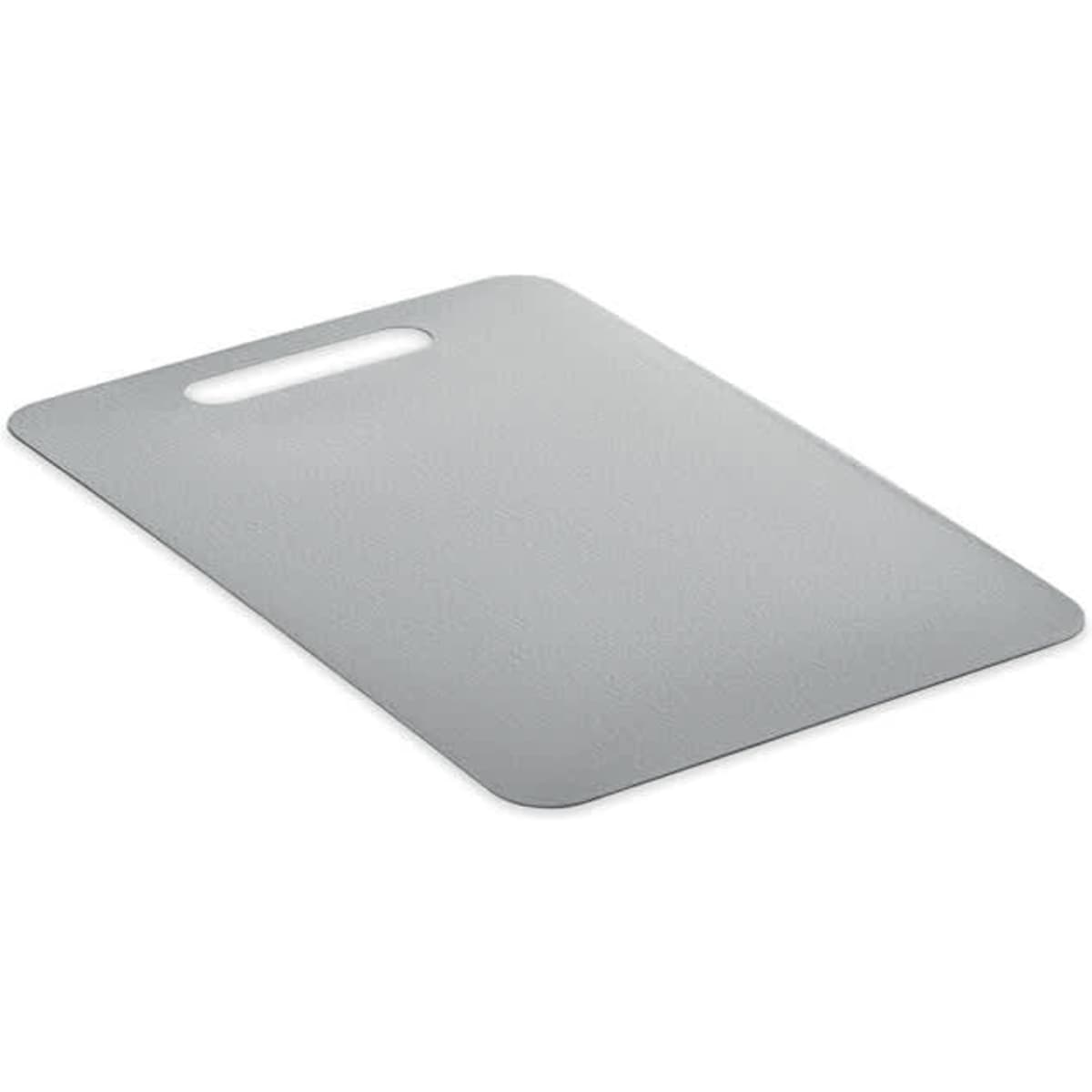 A silver cutting board with a handle, featuring a sleek, flat design.