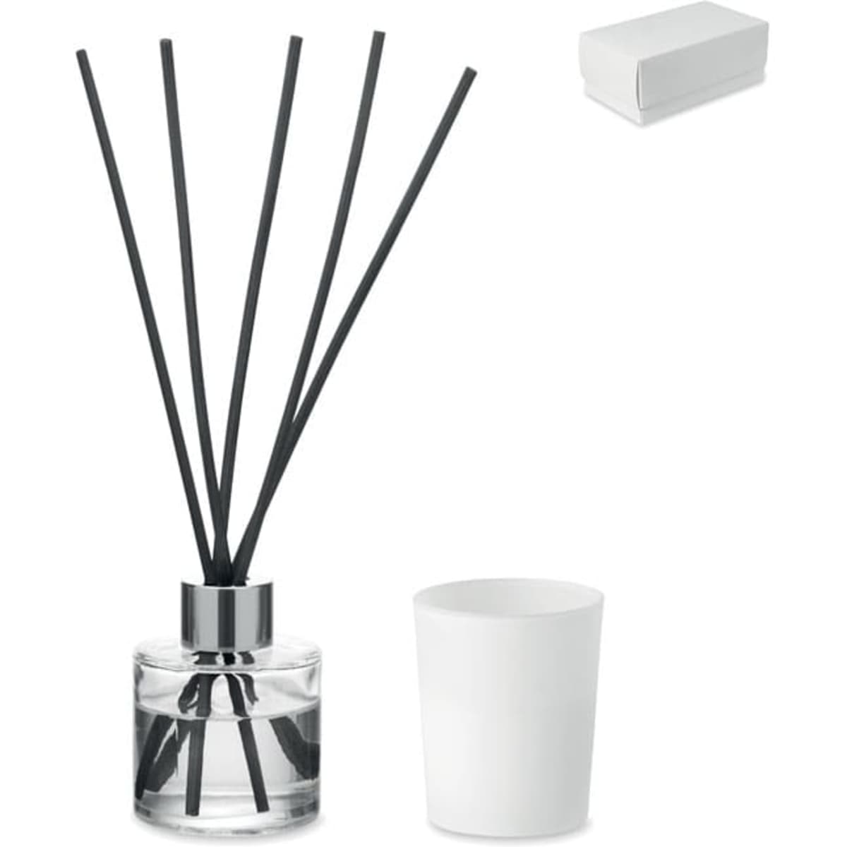 A glass diffuser with black reeds, a silver cap, and a white ceramic container. The set includes a storage box.