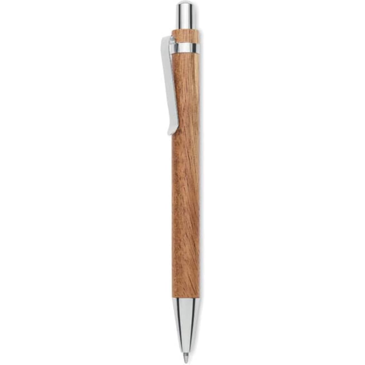 A pen with a wooden body, chrome accents, and a clip, featuring a sleek design and a brand logo.
