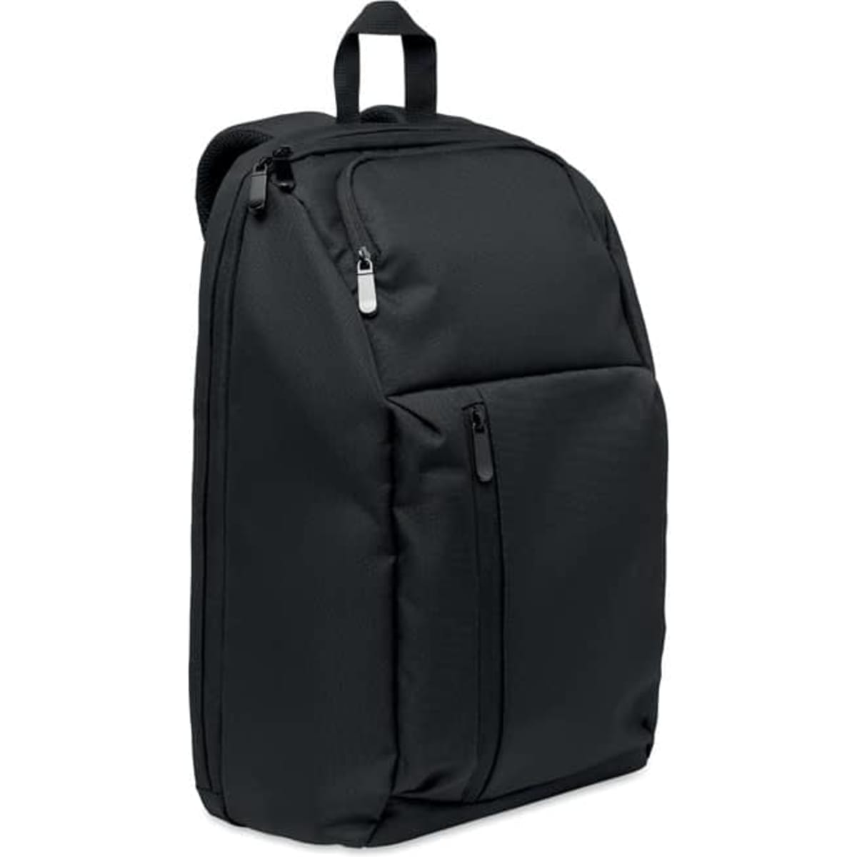 A black backpack featuring multiple zippered compartments and a top handle for easy carrying.