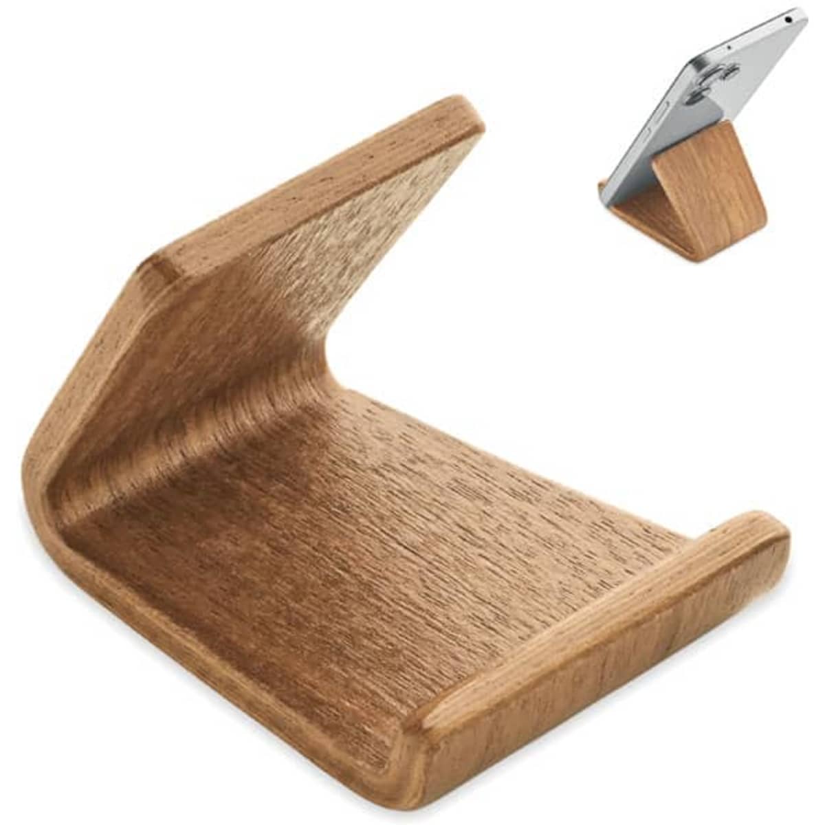A wooden phone stand with a sleek design, featuring a light brown finish and a modern aesthetic.