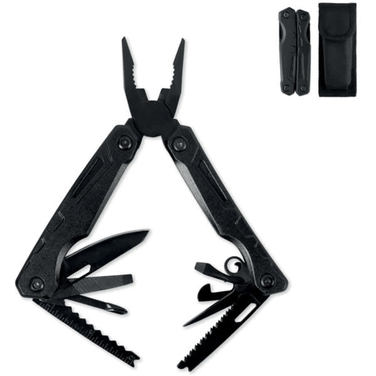 A multi-tool with black handles featuring pliers, a knife, and a saw, alongside a black carrying case.
