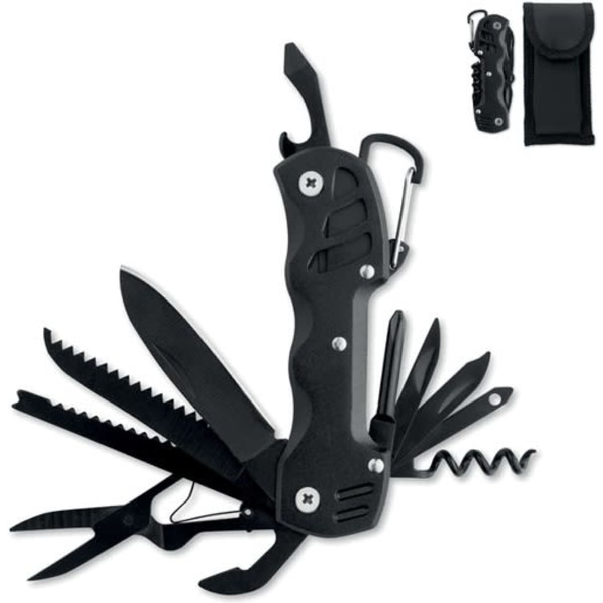 A multi-tool featuring various black metal implements, including scissors, a knife, and a corkscrew, with a carrying case.