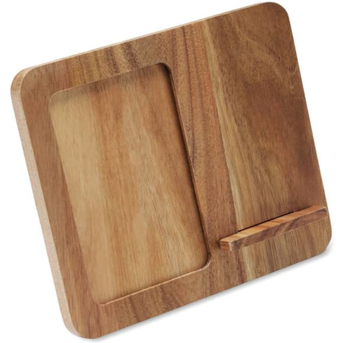 A wooden serving board with a rectangular cavity and a small ledge, featuring a natural wood finish.