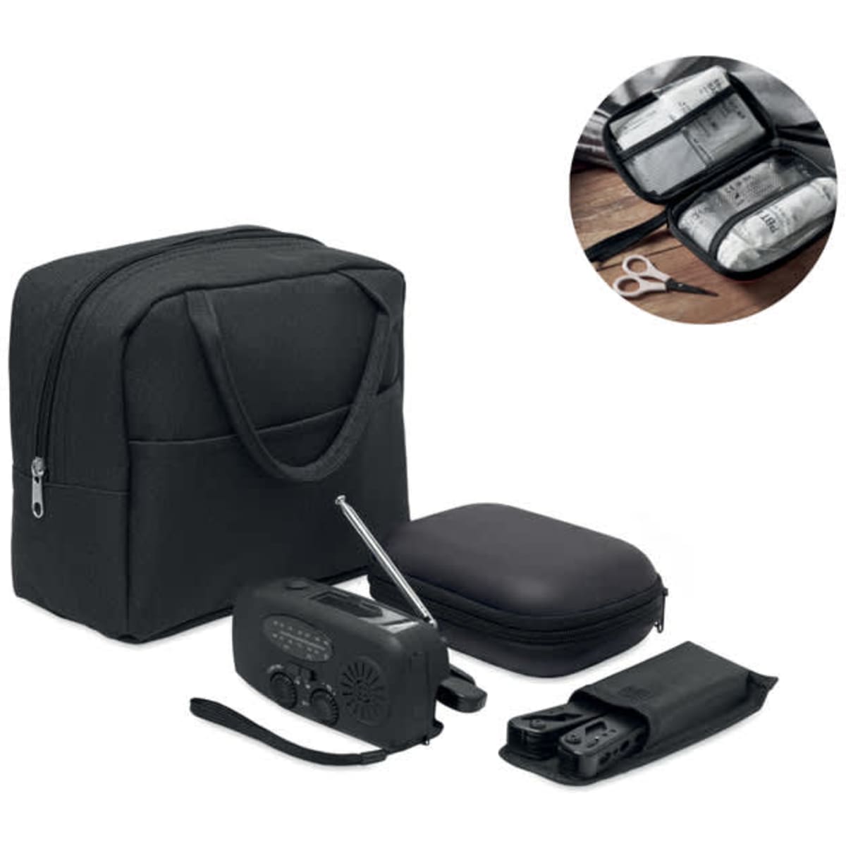 A black carry bag with compartments, containing a radio, scissors, and various tools. Includes a small black case.