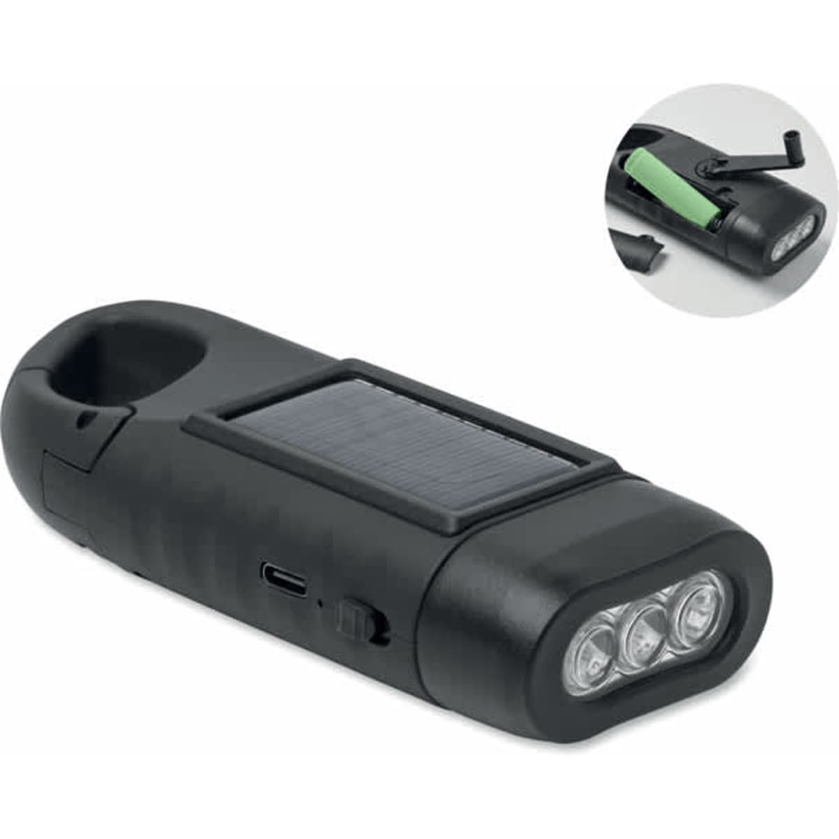 A portable black solar-powered flashlight with three LEDs and a USB charging port. It has a built-in handle.