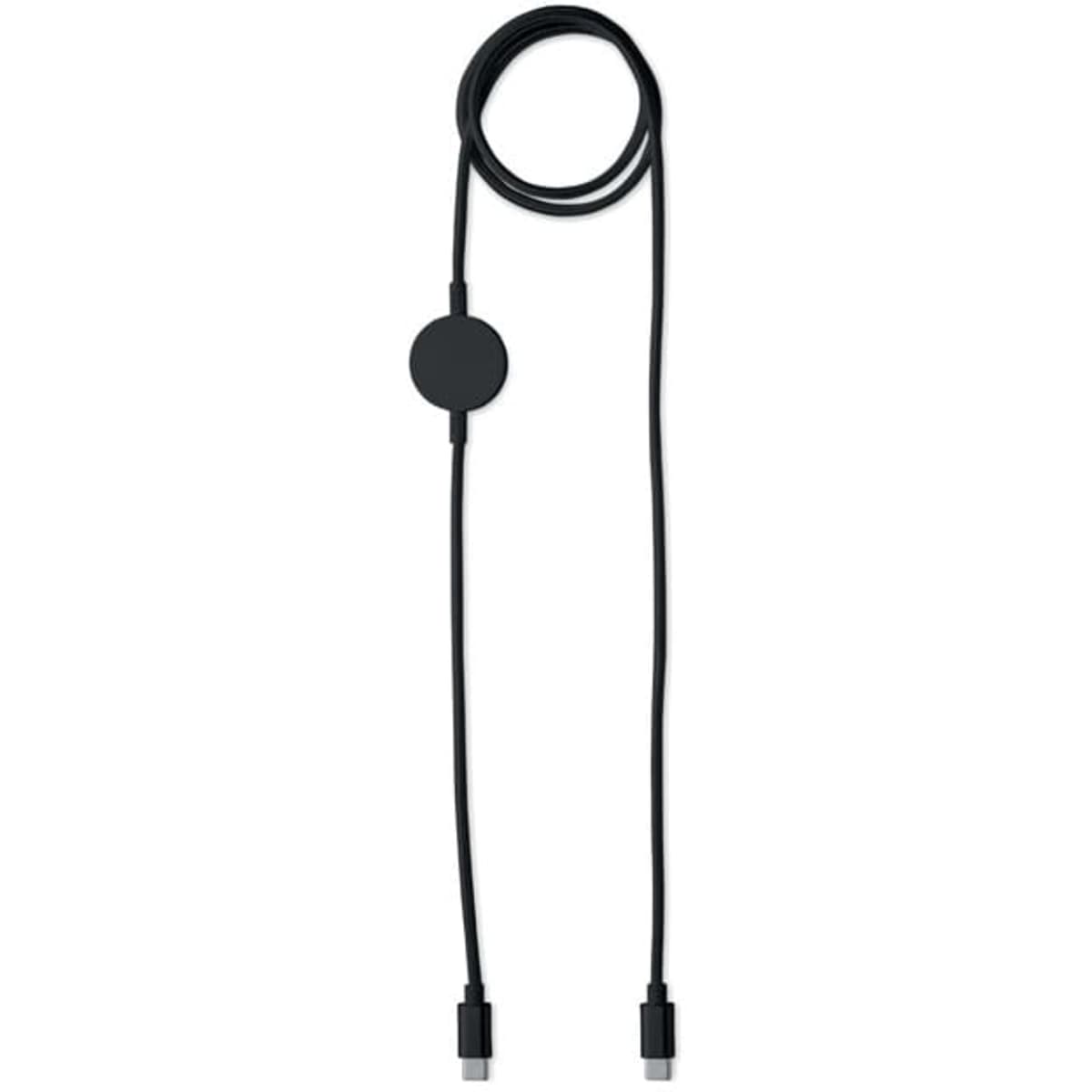 A charging cable featuring a round magnetic connector and two USB ends, in black colour.