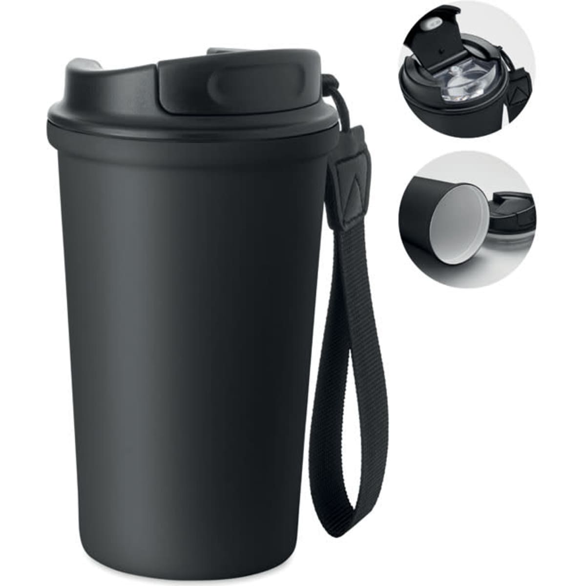 A drink bottle in matte black with a lid and a hand strap, featuring a logo on the side.